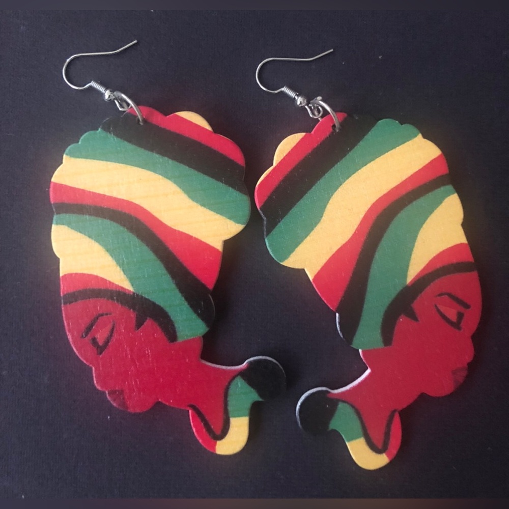 Afro Silhouette Wooden Earrings in Red, Yellow, Green, Black
